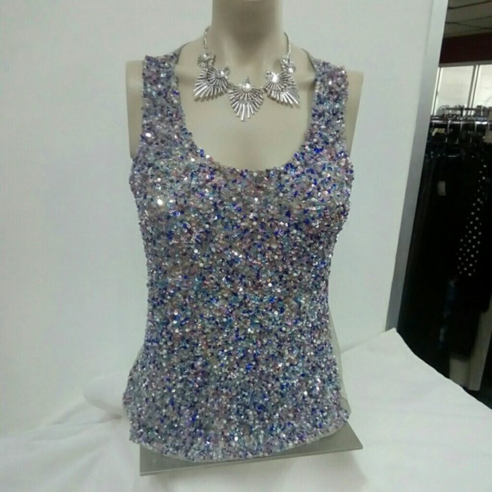 Beige Multi Sequin and Sheer Top size M